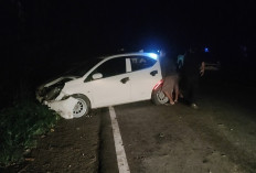 Gagal Menyalip Akibat Pecah Ban, Honda Brio Tabrak Bukit